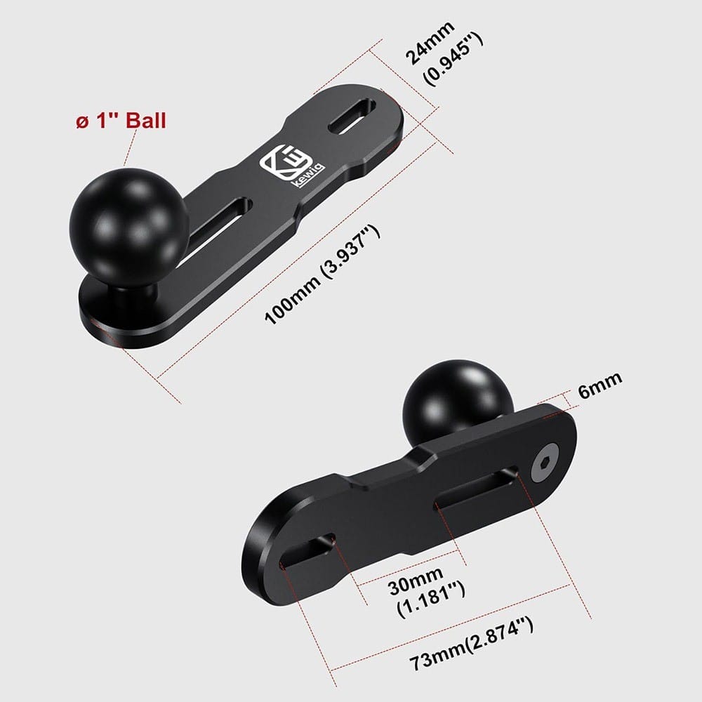 Dimensi mount base, panjang 100mm, lebar 24mm, tebal 6mm, bebola 1 inci