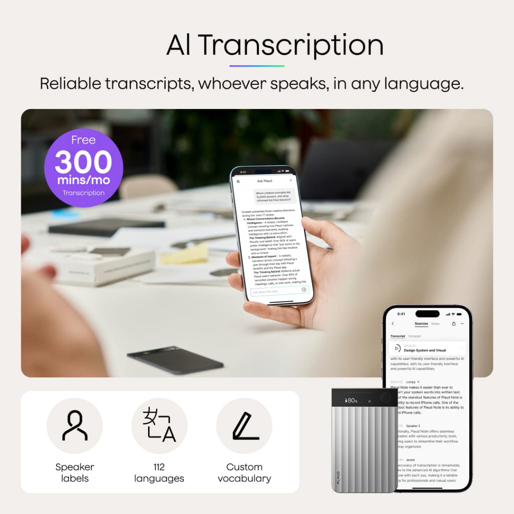 PLAUD Note Pro transkripsi AI dengan label penutur dan 112 bahasa