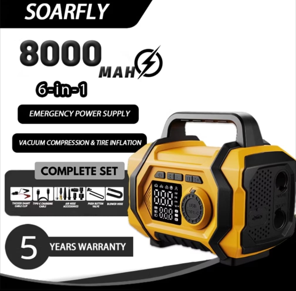 Spesifikasi SOARFLY 6-in-1 8000mAh: emergency power, tire inflation, complete set, waranti 5 tahun